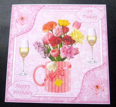 8x8ins Pink Flowers 40-50 Birthday Decoupage Card Front by Charlie Angel
