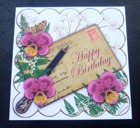 Cerise Pansy Ink Saver Happy Birthday 6in Decoupage Topper by Charlie Angel