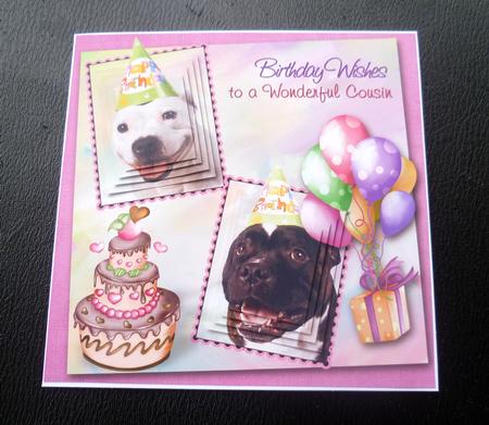 White Staffie & Brindle Staffie Cousin Birthday Pyramid 6in by Charlie Angel
