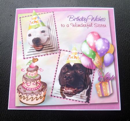 White Staffie & Brindle Staffy Sister Birthday Pyramid 6inch by Charlie Angel