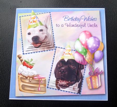 White Staffie & Brindle Staffie Uncle Birthday Pyramid by Charlie Angel