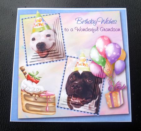 White Staffie & Brindle Staffie Grandson Birthday Pyramid by Charlie Angel