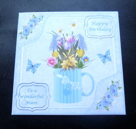 8x8ins Blue Butterflies Mother-mum Decoupage Card Front by Charlie Angel