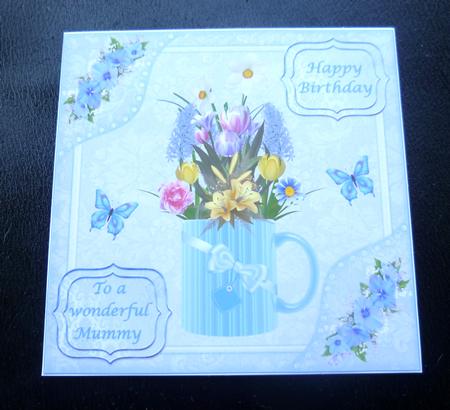 8x8ins Blue Butterflies Mummy Decoupage Card Front by Charlie Angel