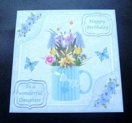 8x8ins Blue Butterflies Daughter Decoupage Card Front by Charlie Angel