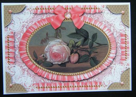 Single Pink Rose Lace N Ruffle Card Front Step by Step by Charlie Angel