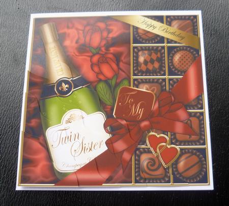 Birthday Twin Sister Champers N Chocs Wavy Corner Stacker by Charlie Angel