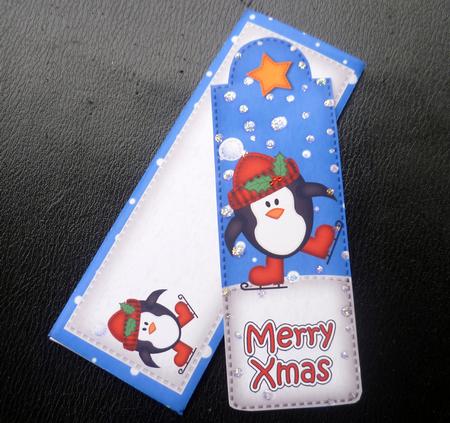 Xmas Skating Penguin Bookmark Card N Envelope by Charlie Angel