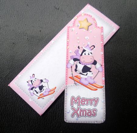Xmas Skiing Milly Moo Cow Bookmark Card N Envelope by Charlie Angel
