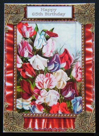 Sweet Peas Ruffles 2 Spiral Edge Stacker 7x5in Card Front by Charlie Angel