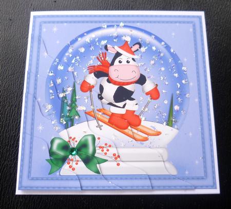 Xmas Sledging Milly Moo Cow Snowglobe Wavy Corner Stacker by Charlie Angel