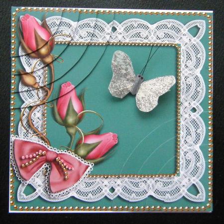 Teal Pink Rose Sprays 6inch Duo Corner Stacker Card Front by Charlie Angel