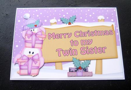 Xmas Twin Sister Penguins Signpost 5x7 Easicut Decoupage by Charlie Angel