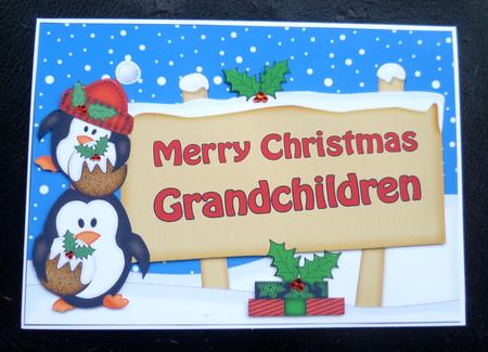 Xmas Grandchildren Penguins Signpost 5x7 Easicut Decoupage by Charlie Angel