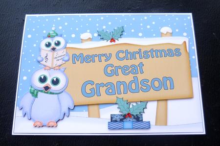 Xmas Great Grandson Owls Signpost 5x7 Easicut Decoupage by Charlie Angel