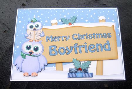 Xmas Boyfriend Singing Owls Signpost 5x7 Easicut Decoupage by Charlie Angel