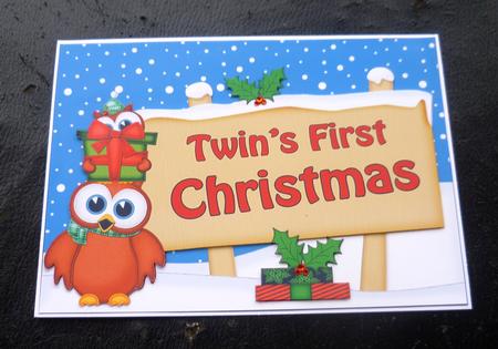Twins 1st Christmas Owls Signpost 5x7 Easicut Decoupage by Charlie Angel