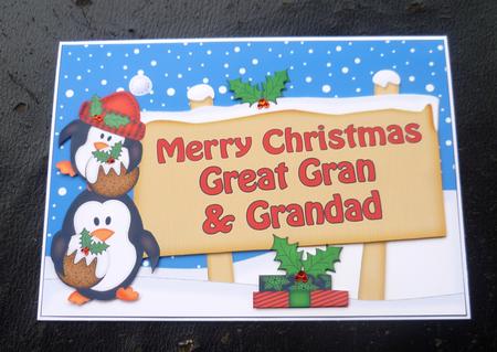 Xmas Great Gran & Grandad Penguins Signpost 5x7 Decoupage by Charlie Angel