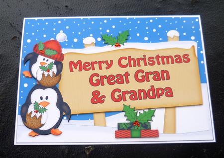 Xmas Great Gran & Grandpa Penguins Signpost 5x7 Decoupage by Charlie Angel