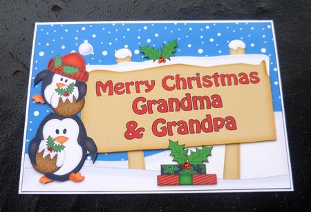 Xmas Grandma & Grandpa Penguins Signpost 5x7 Decoupage by Charlie Angel