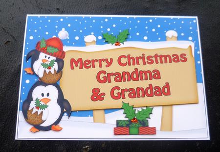 Xmas Grandma & Grandad Penguins Signpost 5x7 Decoupage by Charlie Angel