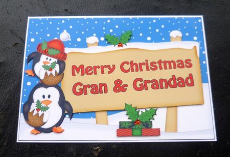 Xmas Gran & Grandad Penguins Signpost 5x7 Decoupage by Charlie Angel