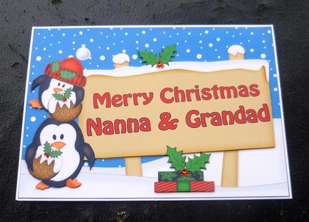 Xmas Nanna & Grandad Penguins Signpost 5x7 Decoupage by Charlie Angel