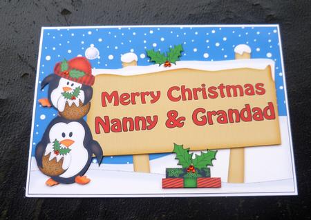 Xmas Nanny & Grandad Penguins Signpost 5x7 Decoupage by Charlie Angel