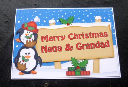 Xmas Nana & Grandad Penguins Signpost 5x7 Decoupage by Charlie Angel