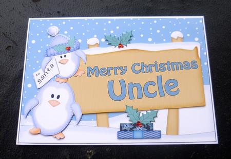Xmas Uncle Penguins Signpost 5x7 Decoupage by Charlie Angel