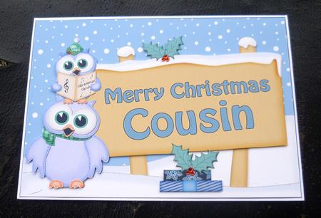 Xmas Cousin Owls Signpost 5x7 Decoupage by Charlie Angel