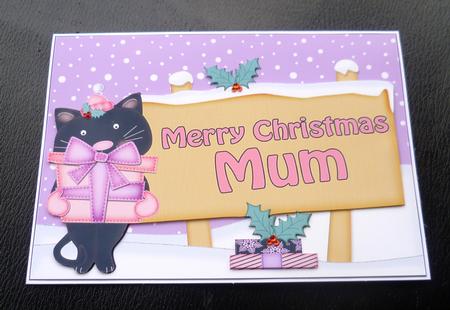 Xmas Mum Cat's Present Signpost 5x7 Easicut Decoupage by Charlie Angel