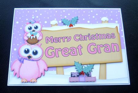 Xmas Great Gran Owls Signpost 5x7 Easicut Decoupage by Charlie Angel