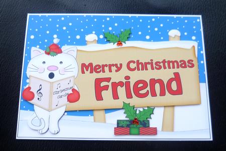 Xmas Friend Singing Cat Signpost 5x7 Easicut Decoupage by Charlie Angel