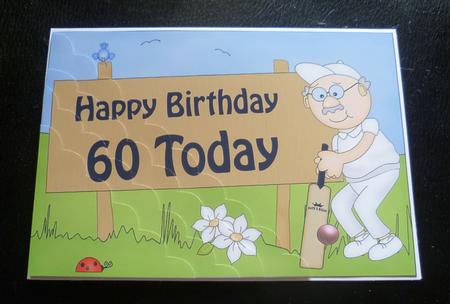 5x7 60th Birthday Bert Plays Cricket Scallop Corner by Charlie Angel