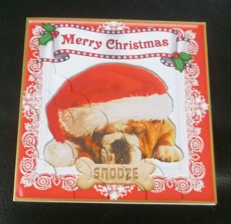 Sleepy Dog in Santa Hat with His Snooze Bone 8x8 by Charlie Angel
