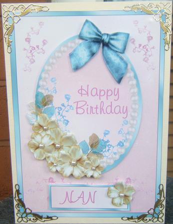 Cream Satin Roses, Pearls and Ribbons-decoupaged Card Front by Charlie Angel