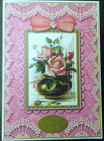 Pink Rose Vase A5 Lace Card Front Step by Step by Charlie Angel
