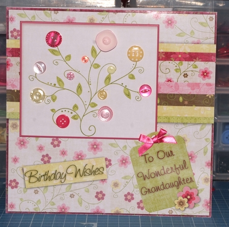 Add Your Own Buttons Pink Square 6inch Card Front by Helen Williams