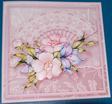Pink Anemones on a Lace Fan 8in x 8in Decoupage by Helen Williams