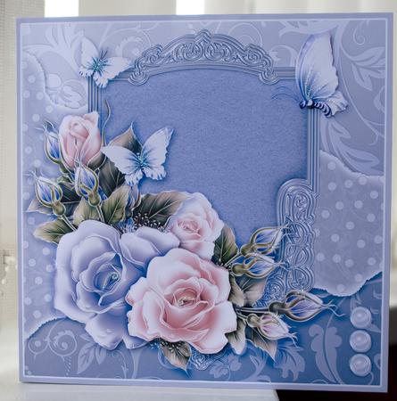 Roses and Butterflies on a Blue Ornate Panel 8in x 8in Decou by Helen Williams