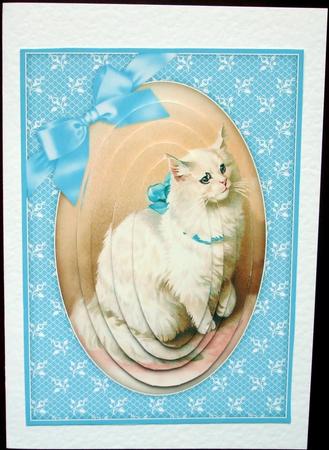 Sophisticated Cat in Blue Ribbon - Pyramid Card by Hilary Shemmans