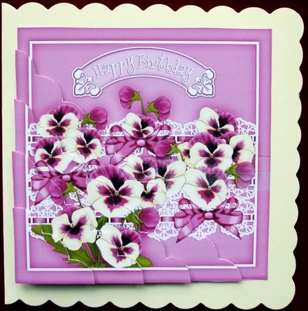 Birthday Pansies N Lace Scallop Corner Side Stacker Topper by Hilary Shemmans