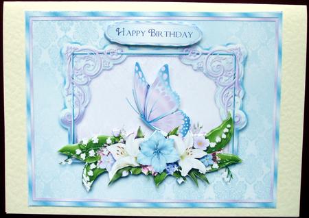 Blue/pink Butterfly and Florals Quick Card with Decoupage by Hilary Shemmans