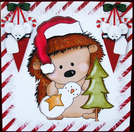 Cute Little Hedgehog in Santa Hat with Mice in Stockings by Hilary Shemmans