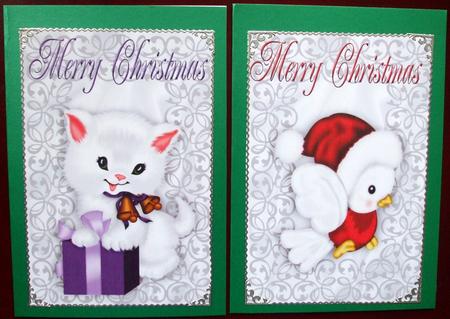 Cute Christmas Toppers of White Kitty & Red Robin by Hilary Shemmans