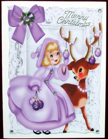 Little Girl with Reindeer in Silver Frame with Bow A4 by Hilary Shemmans