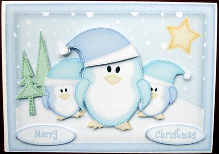 A5 Xmas Penguins Quick Card N 3D Decoupage by Hilary Shemmans