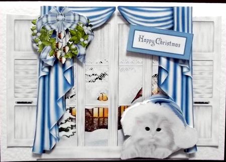 Dress the Window with Cat in Blue Santa Hat by Hilary Shemmans