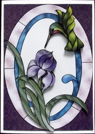 Stained Glass Iris & Hummingbird by Hilary Shemmans